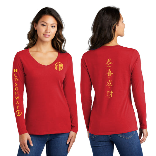 Ladies HWIS CNY Long Sleeve V-Neck Cotton Tee